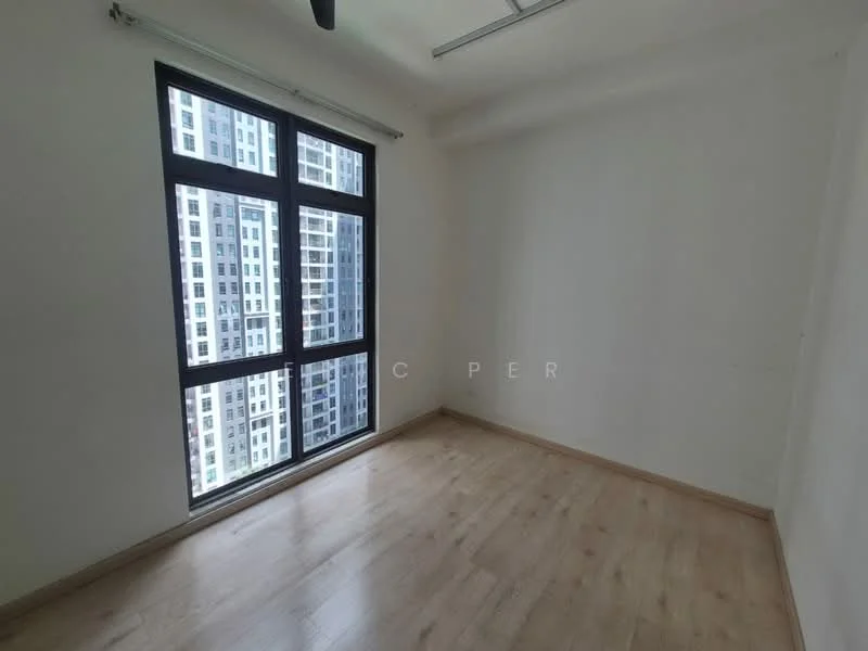 Room features: light wood laminate flooring, white painted walls, floor-to-ceiling windows, city view, ceiling fan; style: modern; view: city.