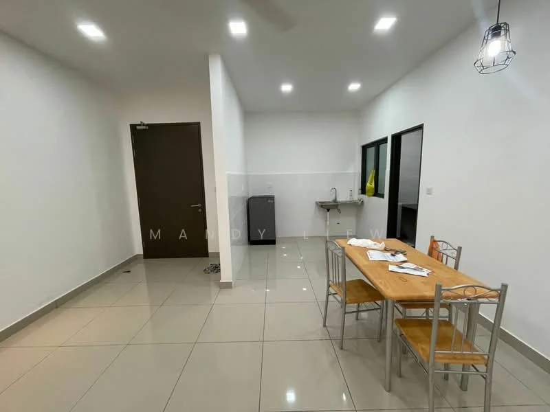 Dining features: dining table with wooden top, 4 metal chairs, white painted walls, grey floor tiles, recessed LED downlights, ceiling fan, kitchenette area with sink, stainless-steel fridge, countertop with backsplash, open layout; style: modern. Room features: white painted walls, grey floor tiles, recessed LED downlights, ceiling fan.