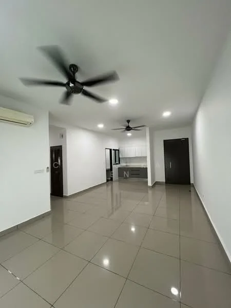 Living features: grey tiled flooring, white painted walls, 5-blade ceiling fan with light, 2 ceiling fans, recessed LED downlights, air conditioning unit, open layout to kitchen, door leading to hallway, large windows, neutral decor; style: modern.