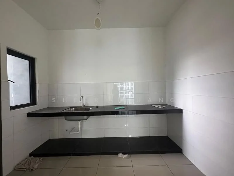 Kitchen features: black granite countertop, white tiled backsplash, single-bowl stainless-steel sink, wall-mounted faucet, white painted walls, floor tiles, window with black frame, open shelving below countertop; style: modern.