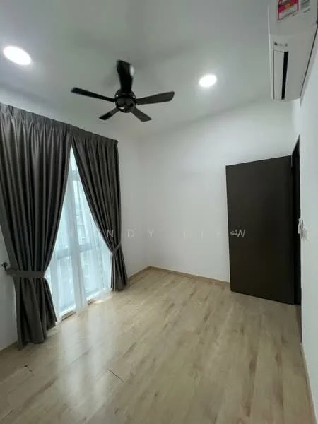 Bedroom features: light wood laminate flooring, white painted walls, 5-blade ceiling fan, floor-to-ceiling windows, sheer curtains, dark wood door, air conditioning unit, no visible furniture; style: modern.