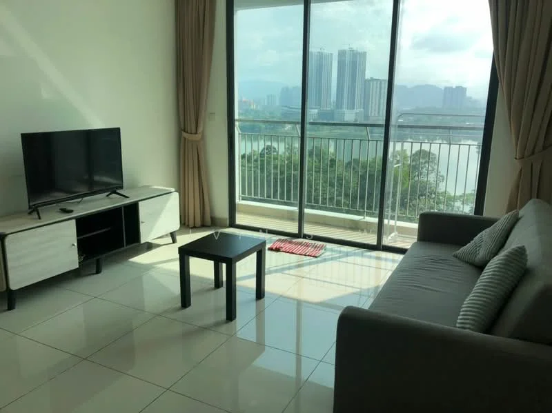 Living features: grey fabric sofa, black coffee table, TV console with storage, flat-screen TV, floor-to-ceiling windows, curtains, white painted walls, glossy tile flooring, city skyline view; style: modern; view: city.