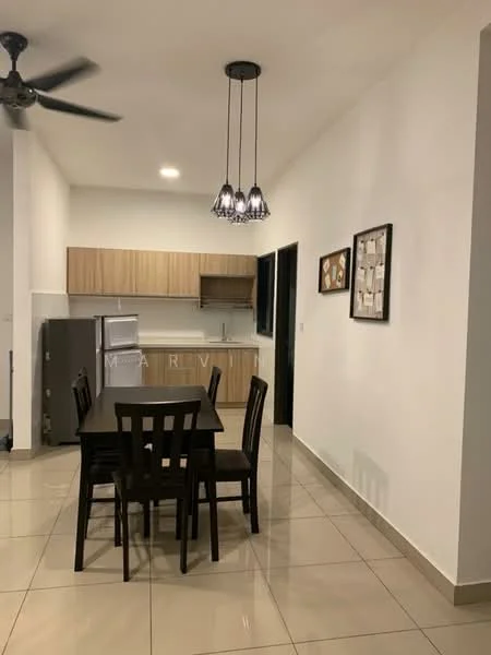 Dining features: 4-seater dining table, black wooden dining chairs, pendant lighting with three bulbs, cream walls, glossy beige tile flooring, kitchenette with wooden cabinetry, stainless-steel fridge, open layout to kitchen, ceiling fan; style: modern. Kitchen features: wooden cabinets, countertop, stainless-steel fridge, unknown appliances; style: modern.