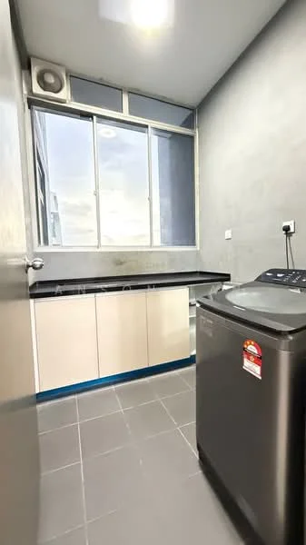 Laundry features: grey painted walls, black countertop, light grey tile flooring, window with city view, washing machine, built-in cabinetry, single-basin sink, overhead cabinets; style: modern; view: city.