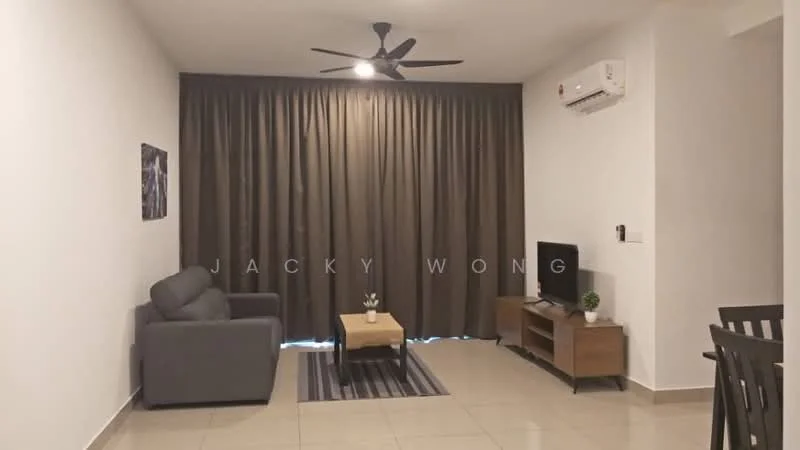 Living features: grey fabric sofa, coffee table, wall-mounted TV, wooden TV console, area rug with geometric pattern, 5-blade ceiling fan with light, floor-to-ceiling curtains in dark brown, air conditioning unit on wall, cream painted walls, glossy tile flooring; style: modern.