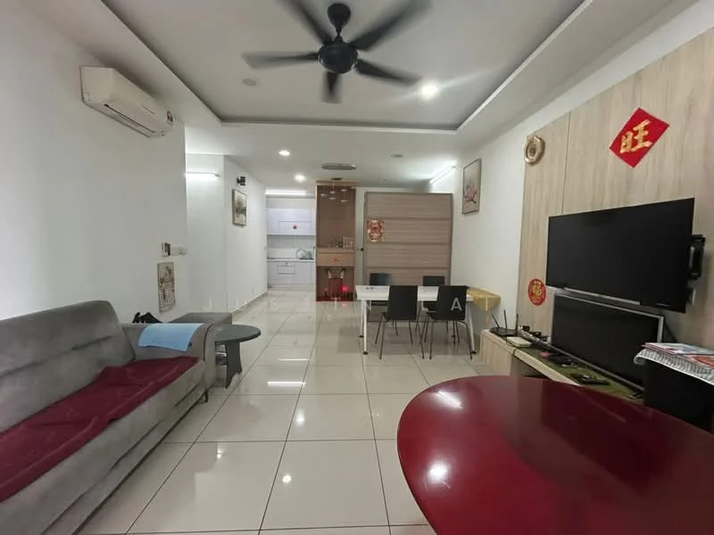 Living features: grey fabric sofa, round red dining table, 4 black dining chairs, wall-mounted TV, TV console, ceiling fan, air conditioning unit, white painted walls, glossy tile flooring, decorative wall art, recessed lighting; style: modern.
