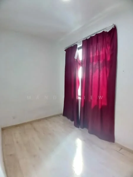 Room features: white painted walls, laminate flooring, red curtains, window with natural light.