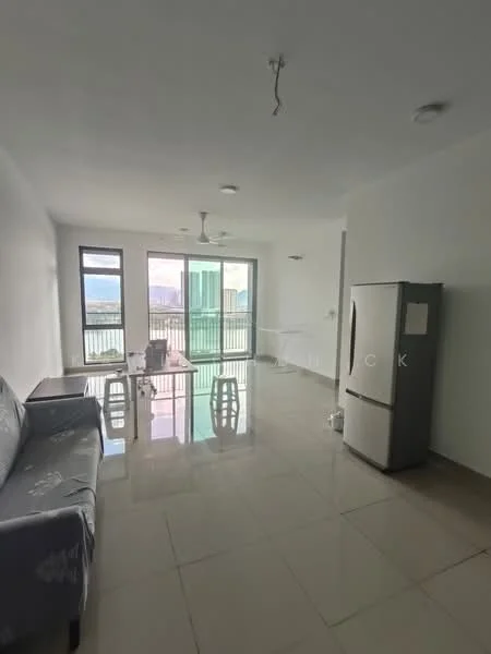 Living features: white painted walls, glossy tile flooring, 5-blade ceiling fan, floor-to-ceiling windows, sliding glass door, grey fabric sofa, coffee table, city view, refrigerator; style: modern; view: city.