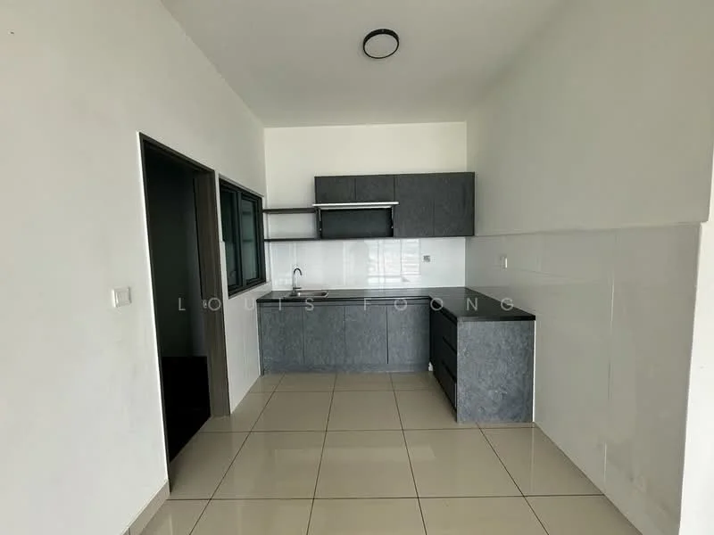 Kitchen features: grey cabinetry, black countertop, single-bowl stainless-steel sink, chrome pull-down faucet, built-in oven, ceramic tile flooring, white painted walls, recessed downlights, window with black frame; style: modern.