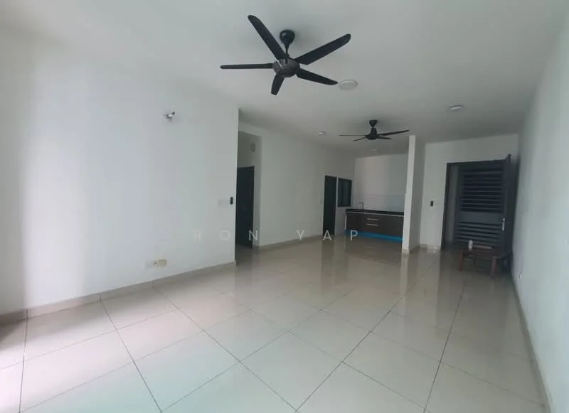 Living features: white painted walls, glossy ceramic tile flooring, 2 ceiling fans, recessed downlights, open layout to kitchen, large windows, neutral color scheme, no visible furniture; style: modern.