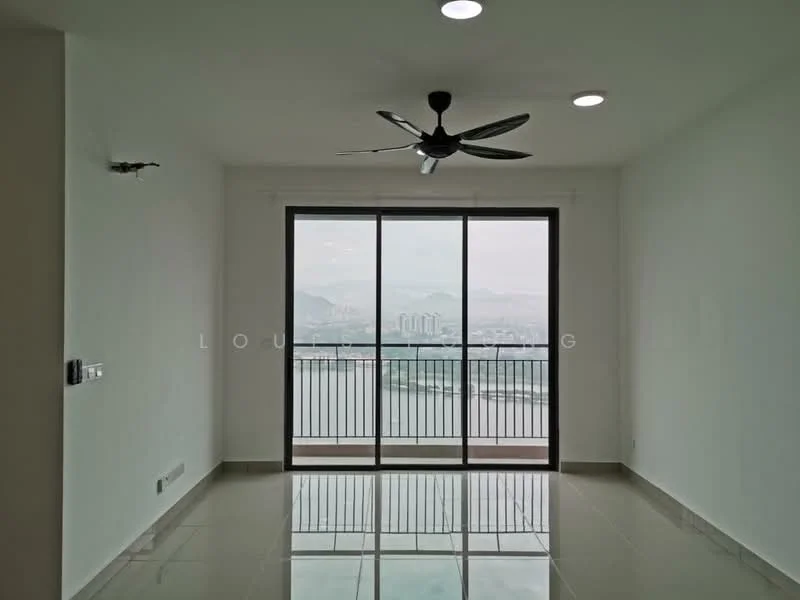 Living features: white painted walls, glossy tile flooring, 5-blade ceiling fan with light, floor-to-ceiling sliding glass door, mountain view, city skyline view, recessed downlights; style: modern; view: city.