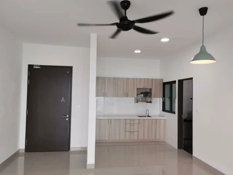 Kitchen features: white painted walls, light brown cabinetry, single-bowl stainless-steel sink, chrome pull-down faucet, white backsplash, recessed downlights, 5-blade ceiling fan, open layout, ceramic tile flooring; style: modern. Room features: white painted walls, ceramic tile flooring, door to entrance, door to another room, pendant light fixture.