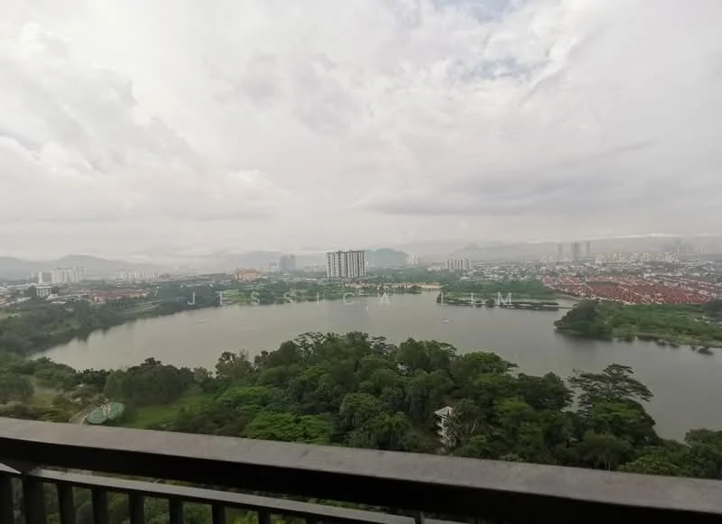 Exterior type: high-rise condominium; features: panoramic city skyline view, lake view, surrounded by greenery, multiple high-rise buildings in the background, cloudy sky, lush landscape in the foreground; style: modern.