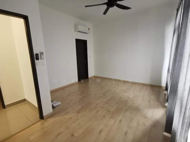 Room features: light wood laminate flooring, white painted walls, ceiling fan, wall-mounted split AC, floor-to-ceiling window with sheer curtains, doorway leading to another room, neutral color scheme; style: modern.