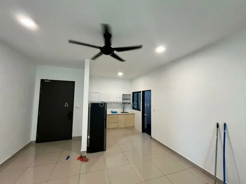 Living features: white painted walls, glossy beige tile flooring, 5-blade ceiling fan with light, recessed LED downlights, kitchen cabinetry with light wood finish, black refrigerator, open kitchen layout, sliding door to hallway, clean and minimal decor; style: modern.