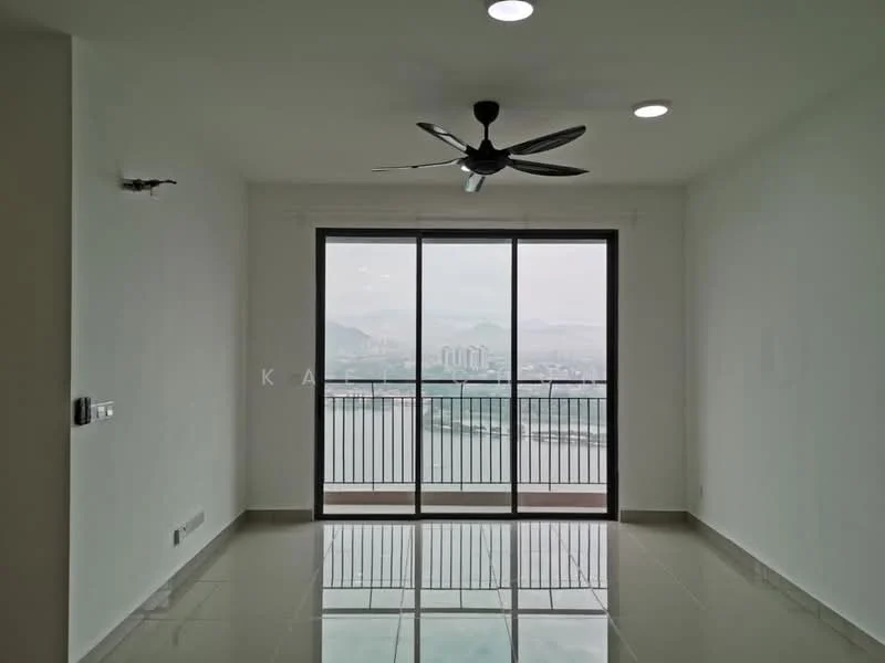 Living features: white painted walls, glossy tile flooring, 5-blade ceiling fan with light, floor-to-ceiling sliding glass door, balcony view, mountain view, city skyline view, recessed downlights; style: modern; view: city.