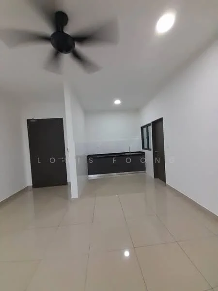 Living features: white painted walls, polished ceramic tile flooring, 5-blade ceiling fan, recessed downlights, open kitchen layout, kitchen counter with backsplash, large window, door leading to another room; style: modern.