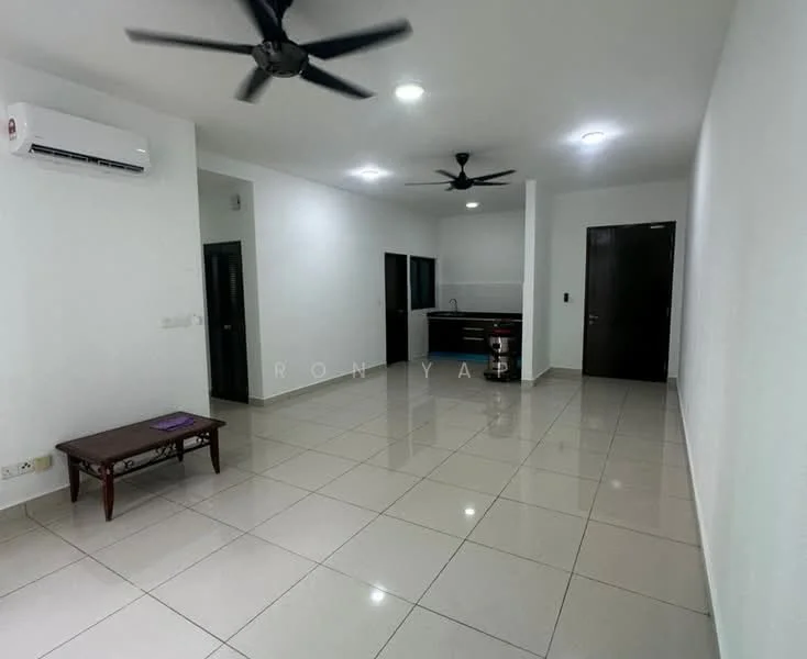 Living features: white painted walls, glossy ceramic tile flooring, 2 ceiling fans, 1 wall-mounted split AC, recessed downlights, dark wood coffee table, open layout to kitchen, doorway leading to kitchen, doorway leading to hallway; style: modern. Kitchen features: kitchen cabinetry, countertop, open layout to living room; style: modern.