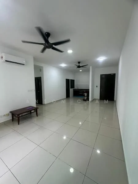 Living features: white painted walls, polished ceramic tile flooring, 2 ceiling fans, 1 wall-mounted split AC, recessed LED downlights, dark wooden TV console, dark wooden door, open layout; style: modern.