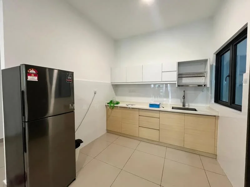 Kitchen features: stainless-steel fridge, single-bowl stainless-steel sink, chrome pull-down faucet, white laminate cabinetry, countertop with white surface, wall-mounted dish rack, grey tiled backsplash, ceramic tile flooring, window with black frame, under-cabinet lighting; style: modern.