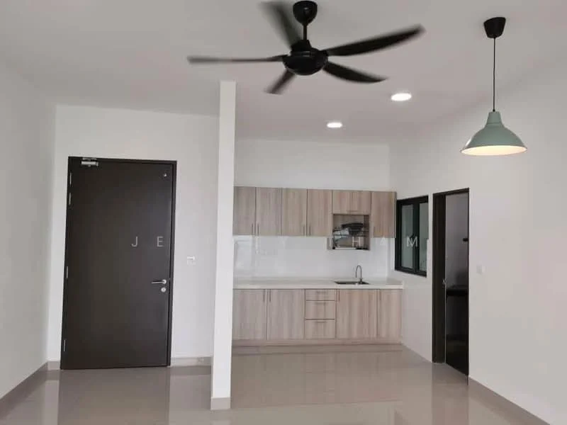 Kitchen features: white walls, glossy tile flooring, 5-blade ceiling fan with light, pendant lamp, wood cabinetry, stainless-steel sink, chrome pull-down faucet, built-in oven, microwave, countertop with backsplash, open layout, window with black frame; style: modern. Living features: white walls, glossy tile flooring, 5-blade ceiling fan with light, pendant lamp, open layout, door to hallway, window with black frame; style: modern.