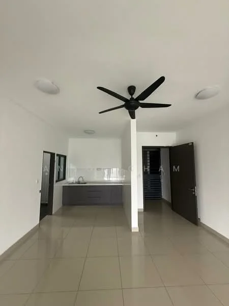 Room features: white painted walls, glossy beige tile flooring, 5-blade ceiling fan, kitchen counter with grey cabinetry, stainless-steel sink, open layout, door leading to another room, door leading outside; style: modern.