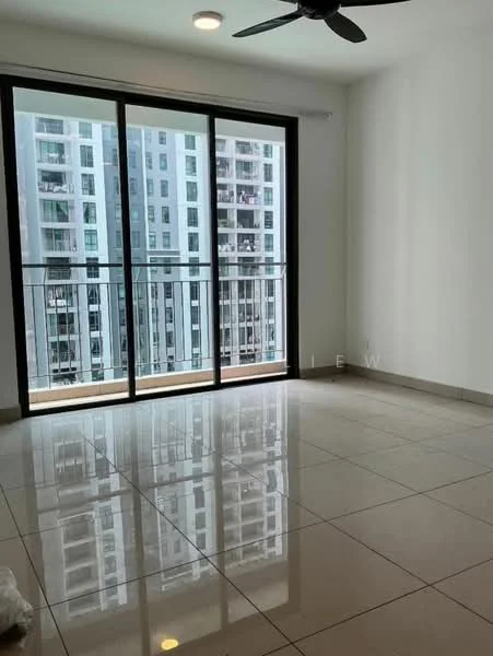 Room features: large floor-to-ceiling sliding glass door, balcony with railing, white painted walls, polished ceramic tile flooring, ceiling fan, recessed ceiling lights, reflected light on floor, view of adjacent building; style: modern; view: city.