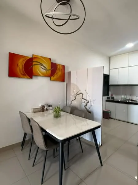 Dining features: 4-seater dining table with white marble top, grey upholstered dining chairs, pendant light fixture, framed artwork on wall, light grey tiled flooring, open kitchen area visible in background, white cabinetry, black countertop; style: modern.