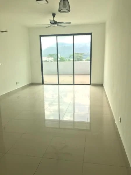 Living features: large floor-to-ceiling windows, sliding glass door, 5-blade ceiling fan, white painted walls, polished ceramic tile flooring, mountain view, recessed ceiling lights, open layout; style: modern; view: mountain.