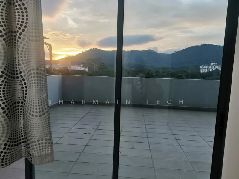 Room features: floor-to-ceiling windows, sliding glass door, grey tiled flooring, curtains with circular pattern, mountain view, sunset view; view: mountain.