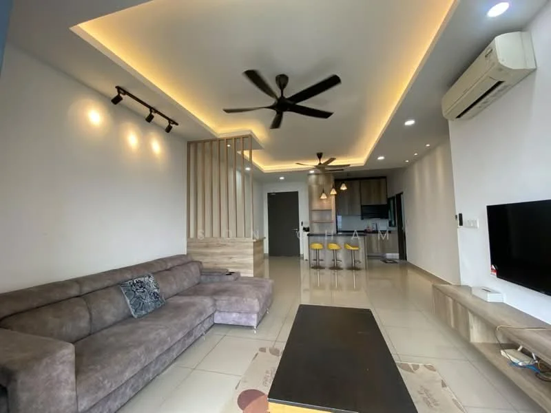 Living features: 3-seater fabric sofa in grey, ceiling fan, recessed LED downlights, wall-mounted TV, TV console, open shelving, tile flooring, decorative wall with wood paneling, area rug with geometric pattern, air conditioning unit; style: modern. Kitchen features: kitchen island with bar stools, stainless-steel appliances, cabinets, countertop, open layout to living area; style: modern.