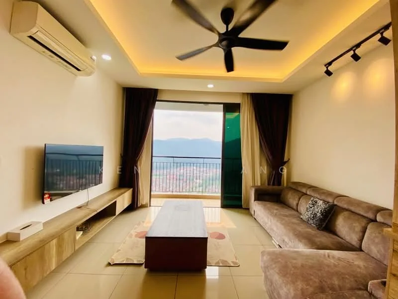 Living features: 3-seater fabric sofa in brown, coffee table, wall-mounted TV, TV console, floor-to-ceiling windows, mountain view, ceiling fan, recessed downlights, cream painted walls, tile flooring; style: modern; view: mountain.