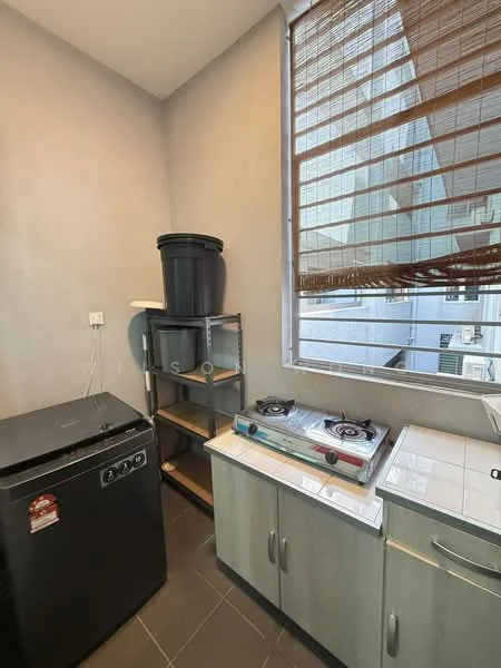 Kitchen features: grey cabinetry, white countertop, double-burner gas hob, stainless-steel fridge, open shelving, black trash bin, window with wooden blinds, grey tiled flooring; style: modern.