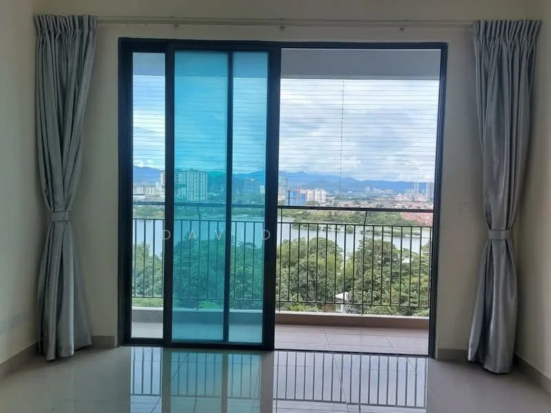 Room features: floor-to-ceiling sliding glass door, blue tinted glass, curtains in light grey, view of city skyline, view of greenery, light-colored walls, tile flooring, balcony access; style: modern; view: city.