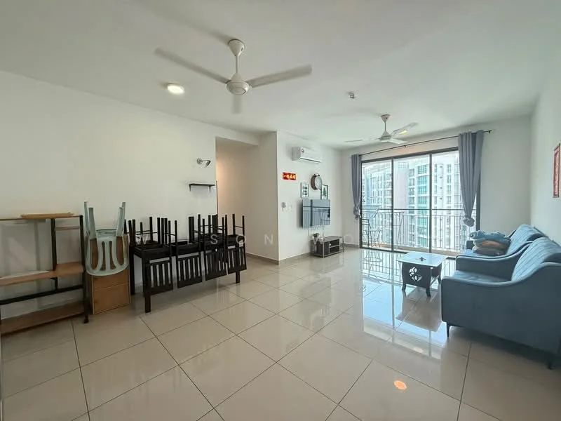 Living features: white painted walls, glossy ceramic tile flooring, 2 ceiling fans, floor-to-ceiling sliding glass door, curtains, sofa in light blue, coffee table, dining table with chairs, open shelving unit, air conditioning unit; style: modern; view: city.