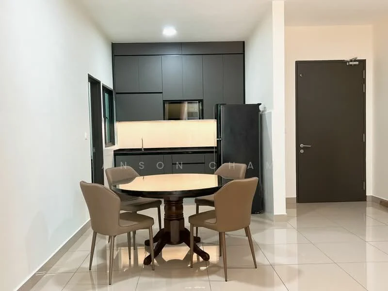 Kitchen features: black cabinetry, white countertop, built-in oven, stainless-steel fridge, ceramic tile flooring, recessed downlights, single-bowl stainless-steel sink, chrome pull-down faucet, dining table with round top, 4 upholstered dining chairs; style: modern.