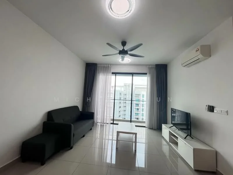 Living features: white painted walls, glossy tile flooring, 5-blade ceiling fan with light, floor-to-ceiling windows, sheer curtains, black fabric sofa, white coffee table, wall-mounted TV, TV console, 1 wall-mounted split AC; style: modern; view: city.