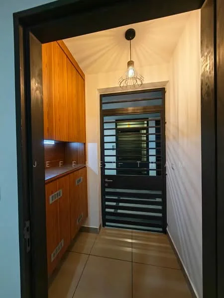 Room features: wood cabinetry, black metal door with horizontal slats, pendant light fixture, cream painted walls, tile flooring, built-in storage cabinets, wall-mounted lighting, open shelving; style: modern.