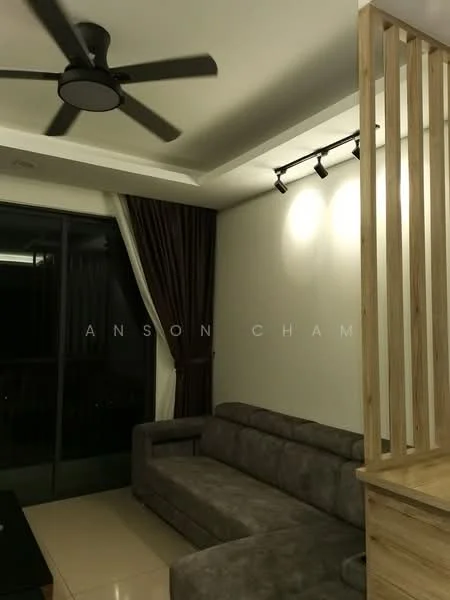 Living features: 3-seater fabric sofa in grey, ceiling fan with integrated light, floor-to-ceiling windows, dark brown curtains, recessed downlights, light-coloured wall, cream tiled flooring, wooden partition, track lighting; style: modern.