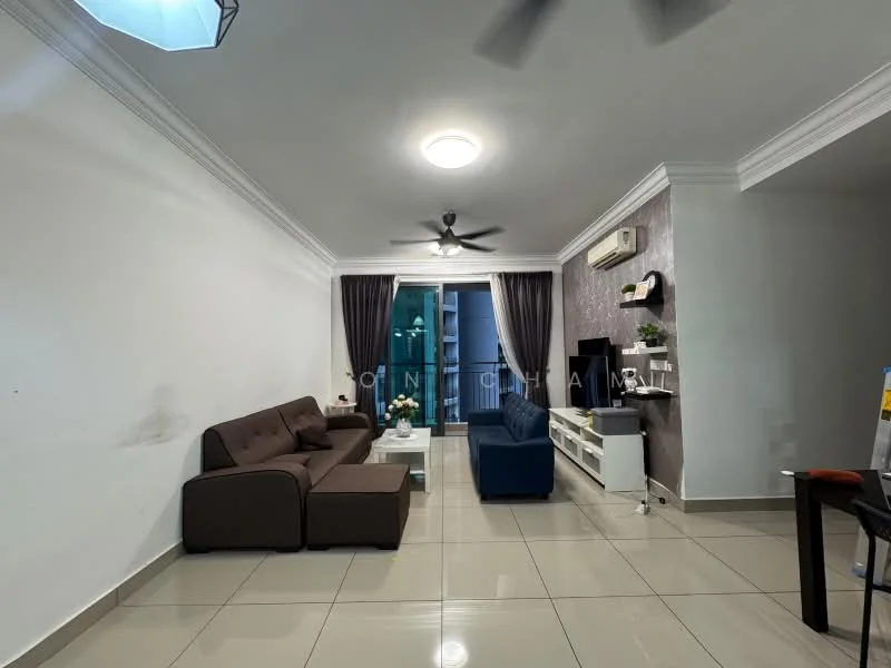 Living features: brown fabric sofa, blue fabric sofa, white TV console, wall-mounted TV, ceiling fan, recessed downlights, cream painted walls, grey accent wall, large sliding glass door, floor-to-ceiling curtains, glossy tile flooring, decorative wall shelf, coffee table; style: modern; view: city.