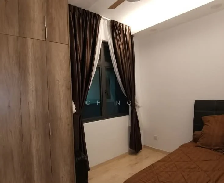 Bedroom features: brown upholstered headboard, queen-size bed with brown bedding, wooden flooring, white painted walls, dark brown curtains, floor-to-ceiling window, built-in wardrobe with wood finish, recessed ceiling lights, ceiling fan; style: modern.