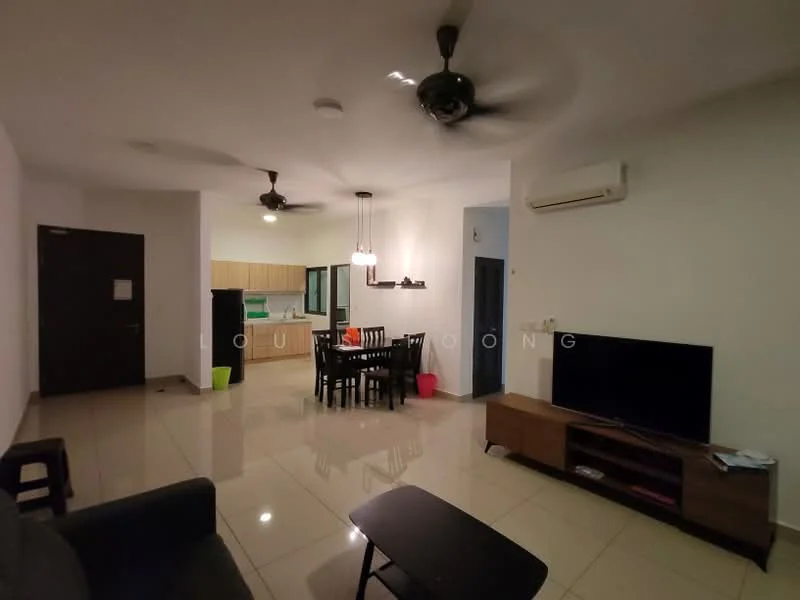 Living features: cream painted walls, glossy tile flooring, 5-blade ceiling fan with light, wall-mounted TV, wooden TV console, black coffee table, 2-seater black chair, open layout to dining area, air conditioning unit; style: modern. Dining features: 6-seater dining table, black dining chairs, pendant lighting above table, open layout to living area, kitchen visible in background; style: modern.