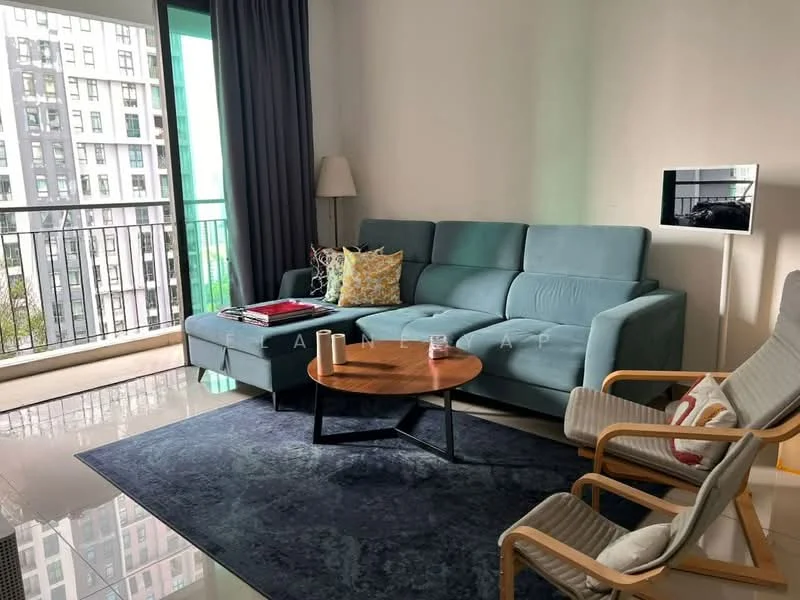 Living features: L-shape sectional sofa in light blue, coffee table, area rug, floor-to-ceiling windows, curtains, wall-mounted TV, accent chair, decorative cushions; style: modern; view: city.