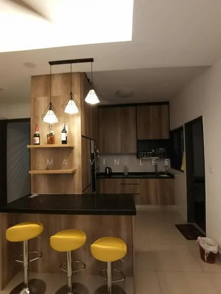 Kitchen features: black granite countertop, wood cabinetry, stainless-steel sink, built-in oven, stainless-steel range hood, 4-burner gas hob, pendant lighting, bar stools with yellow upholstery, ceramic tile flooring, recessed ceiling lights; style: modern.