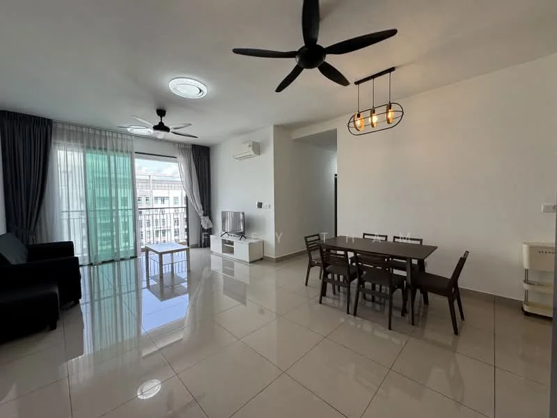 Living features: 2-seater black fabric sofa, 3-seater black fabric sofa, white coffee table, TV console, wall-mounted TV, dining table with 6 chairs, recessed downlights, 2 ceiling fans, sliding glass door, floor-to-ceiling windows with sheer curtains, glossy tile flooring, white painted walls; style: modern; view: city.