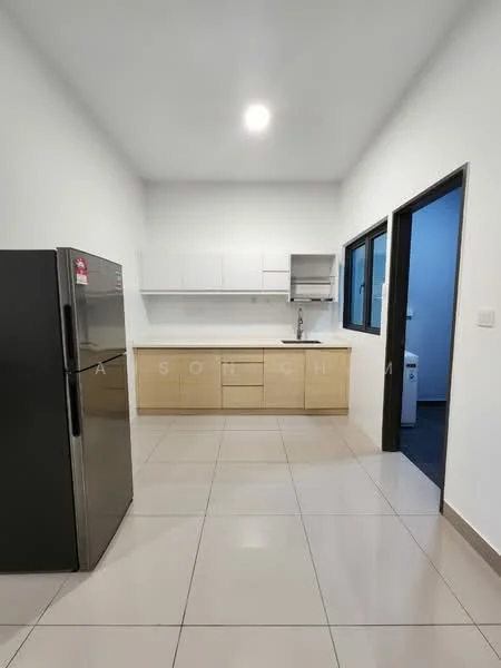 Kitchen features: stainless-steel fridge, laminate cabinetry in light wood, white countertop, single-bowl stainless-steel sink, chrome pull-down faucet, white tiled backsplash, ceramic tile flooring, recessed downlights, wall-mounted upper cabinets, open shelving, window with black frame, door leading to another room; style: modern.