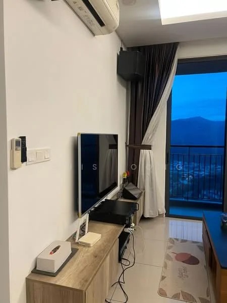 Living features: wall-mounted TV, TV console, wooden media unit, air conditioning unit, floor-to-ceiling windows, curtains, light-colored wall, tile flooring, rug, decorative items on media unit; style: modern; view: mountain.