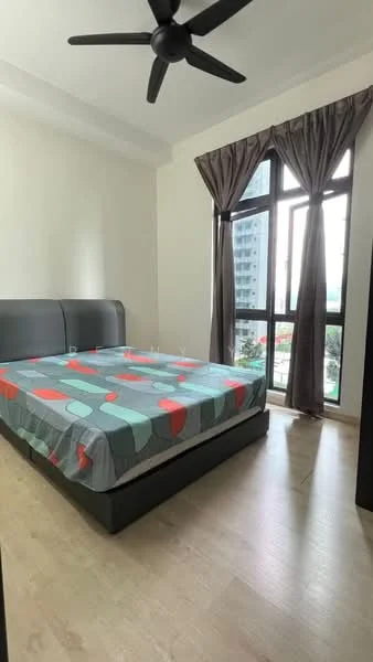 Bedroom features: queen-size bed with patterned bedspread, upholstered headboard, floor-to-ceiling windows, blackout curtains, light wood flooring, 5-blade ceiling fan, decorative wall, built-in wardrobe; style: modern; view: city.