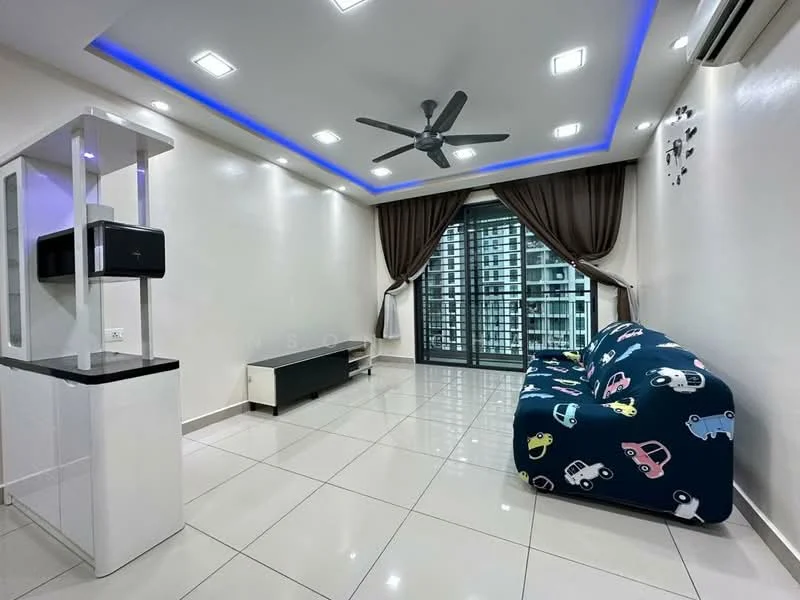 Living features: 3-seater fabric sofa with car pattern, flat-screen TV on wall-mounted console, white glossy TV console, recessed LED downlights, ceiling fan, sliding glass door, floor-to-ceiling windows, curtains, glossy tiled flooring, blue LED accent lighting on ceiling, decorative wall art; style: modern; view: city.