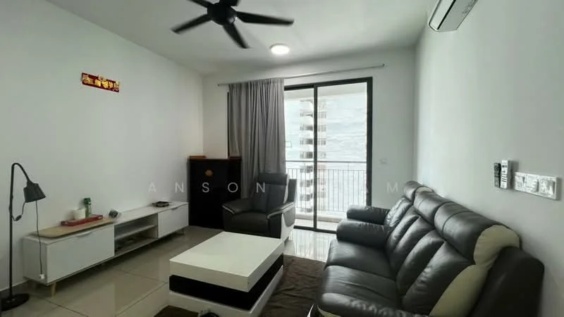 Living features: 3-seater leather sofa, armchair, coffee table, TV console, wall-mounted TV, floor-to-ceiling windows, curtains, ceiling fan, air conditioning unit, light-colored walls, tile flooring, decorative wall art; style: modern.